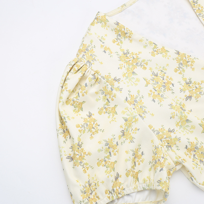 A-Line High Waist Short-Sleeve V Neck Botanical Dress