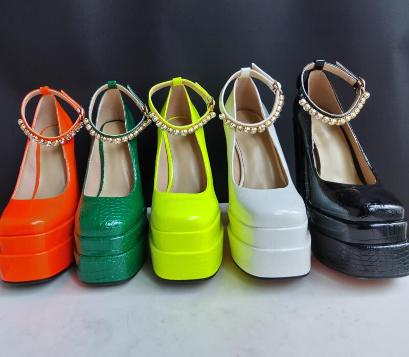 New Sexy Crocodile Pattern Pumps Platform Thick High Heel Rhinestone Party Women's Shoes Black Green Spring Summer Big Size