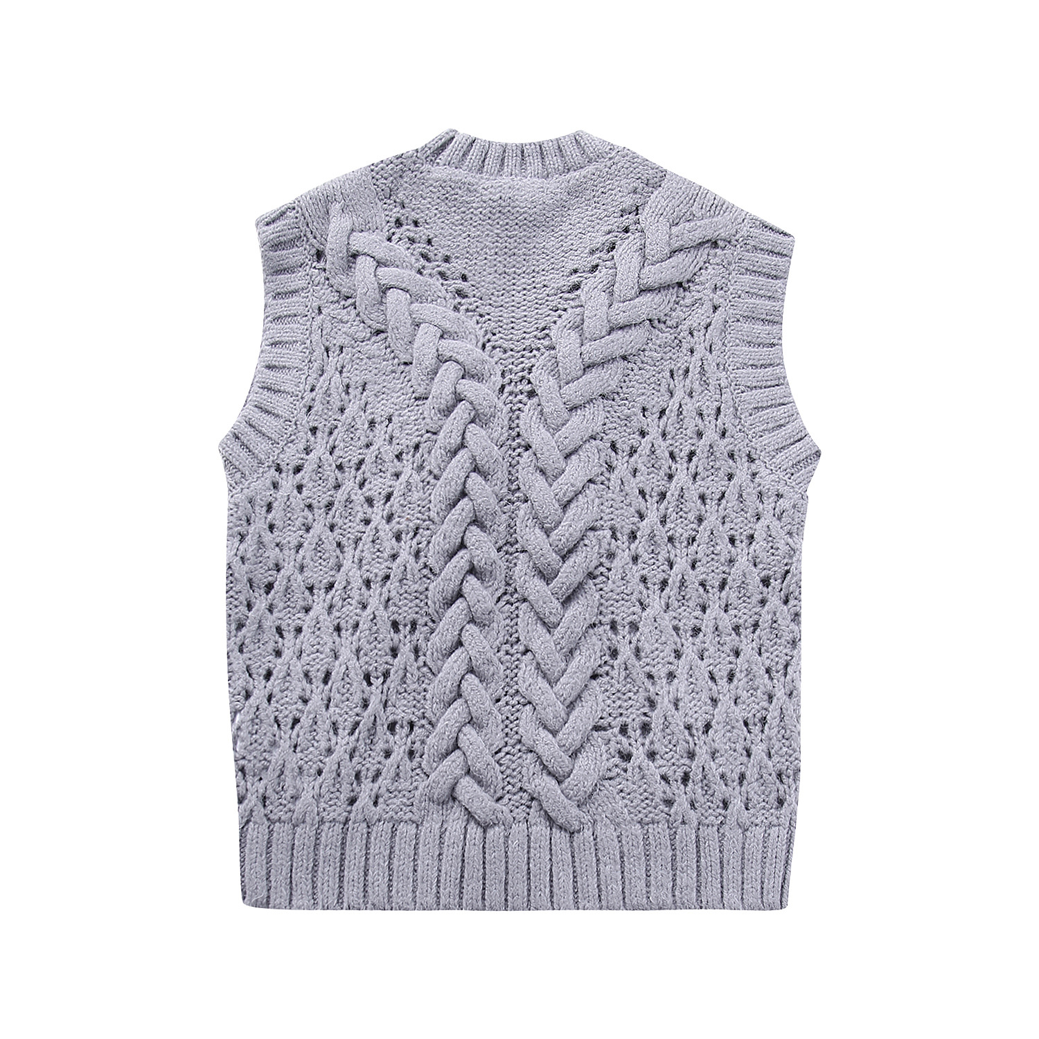 Ladies Round Collar Twisted Openwork Knit Gilet