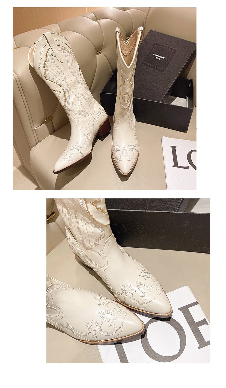 Autumn White Cowgirl Western Long Boots Women Chunky High Heels Pointed Toe Casual Cowboy Knight Mid Calf Boots Shoes Woman