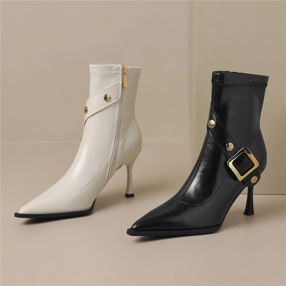 Pointed Toe Women Cow Leather Ankle Boots Thin Heels Zippers Solid Color Metal Rivet Dress Party Shoes