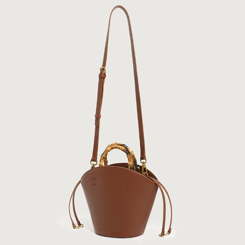 New design bucket bag fashion bamboo handle soft leather women bag single shoulder crossbody bag