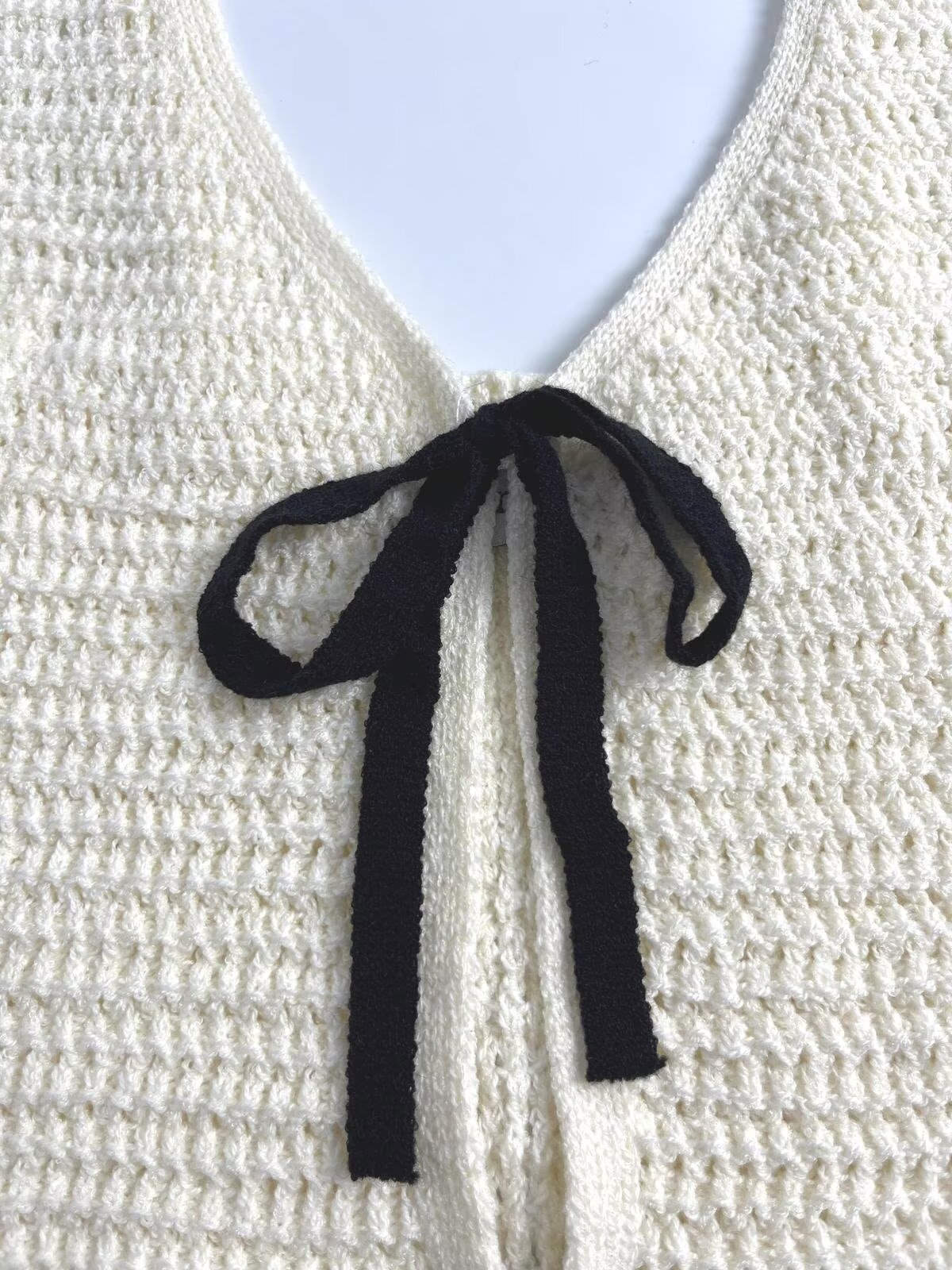 Sleeveless Ribbon Trim Openwork Vest