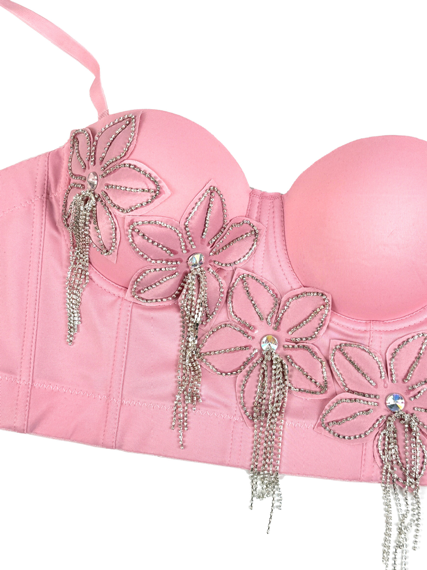 Floral Rhinestone Chain Tassel Boned Bustier Heavy Embroidery Fitted Strapless Camisole Outerwear Sexy Boned Top