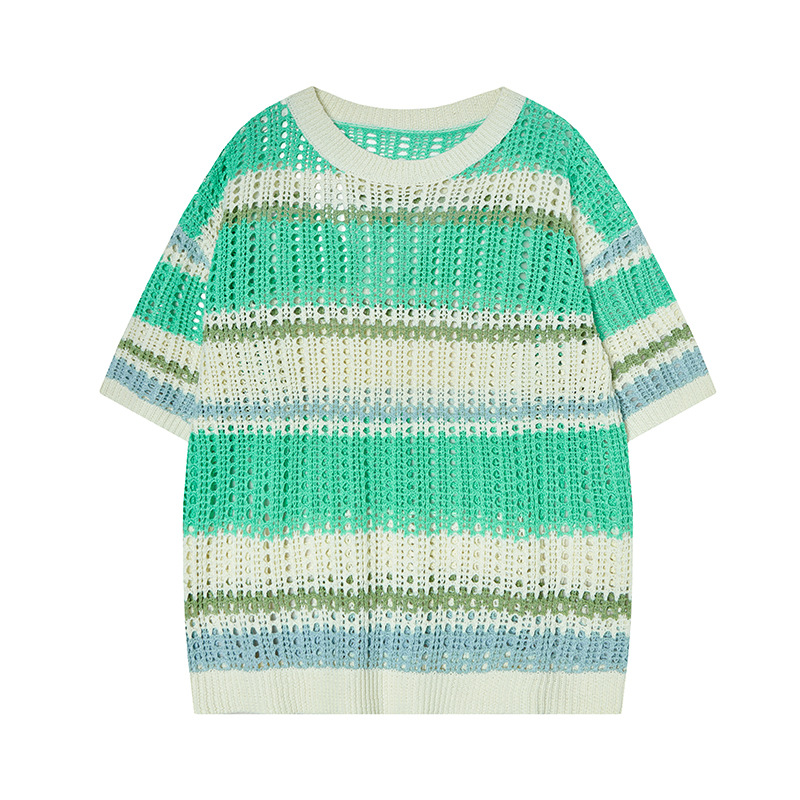 Mens American Vintage Cutout Two-Tone Striped Crew Tee