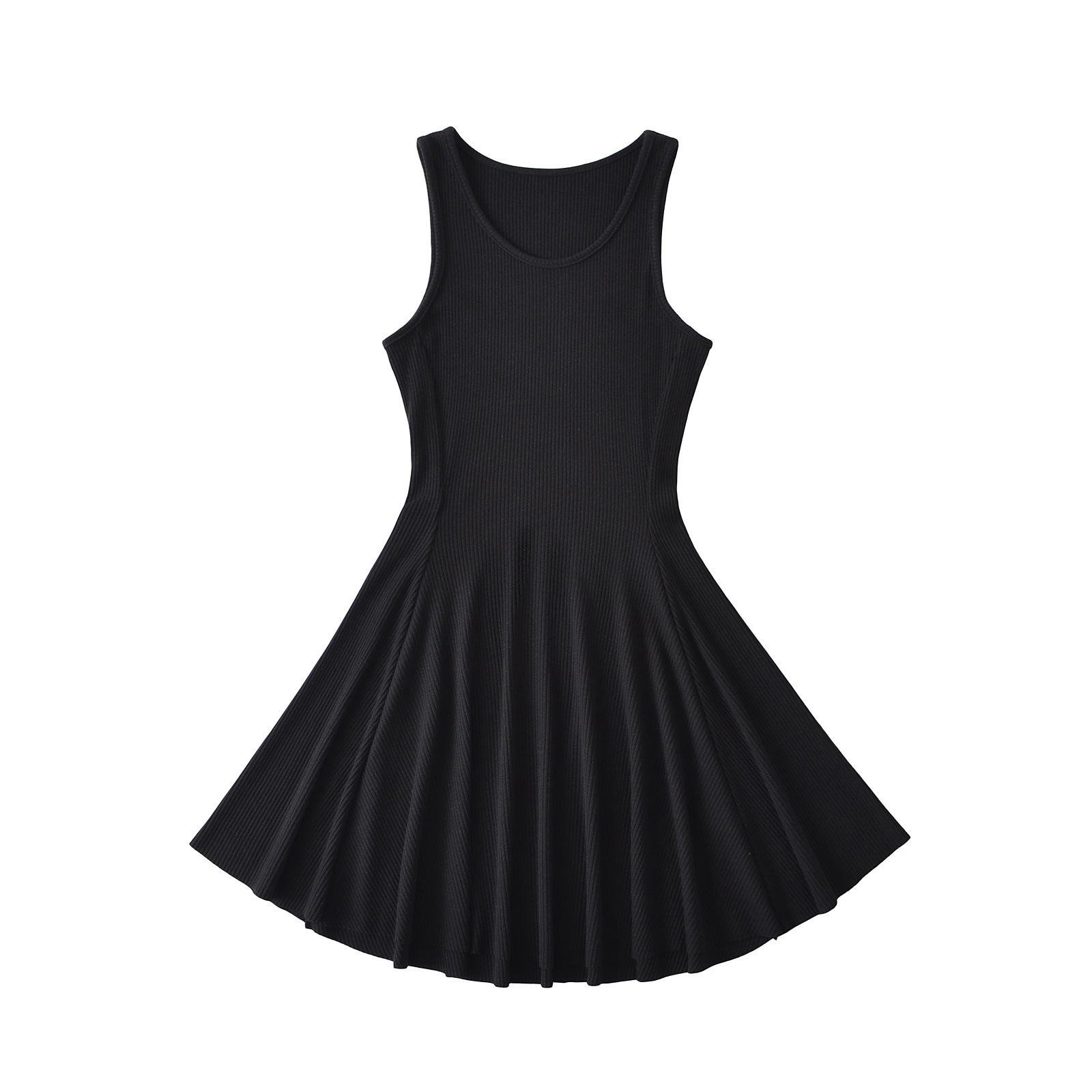 Round Neck Solid Waistline Flared A-Line Dress Short Skirt