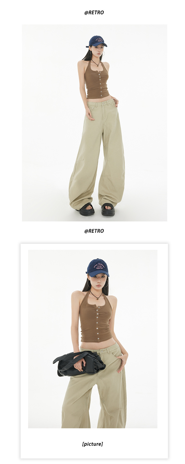 Curved Design Water-Washed Tapered Jeans Women High Street Loose Straight Wide-Leg Pants