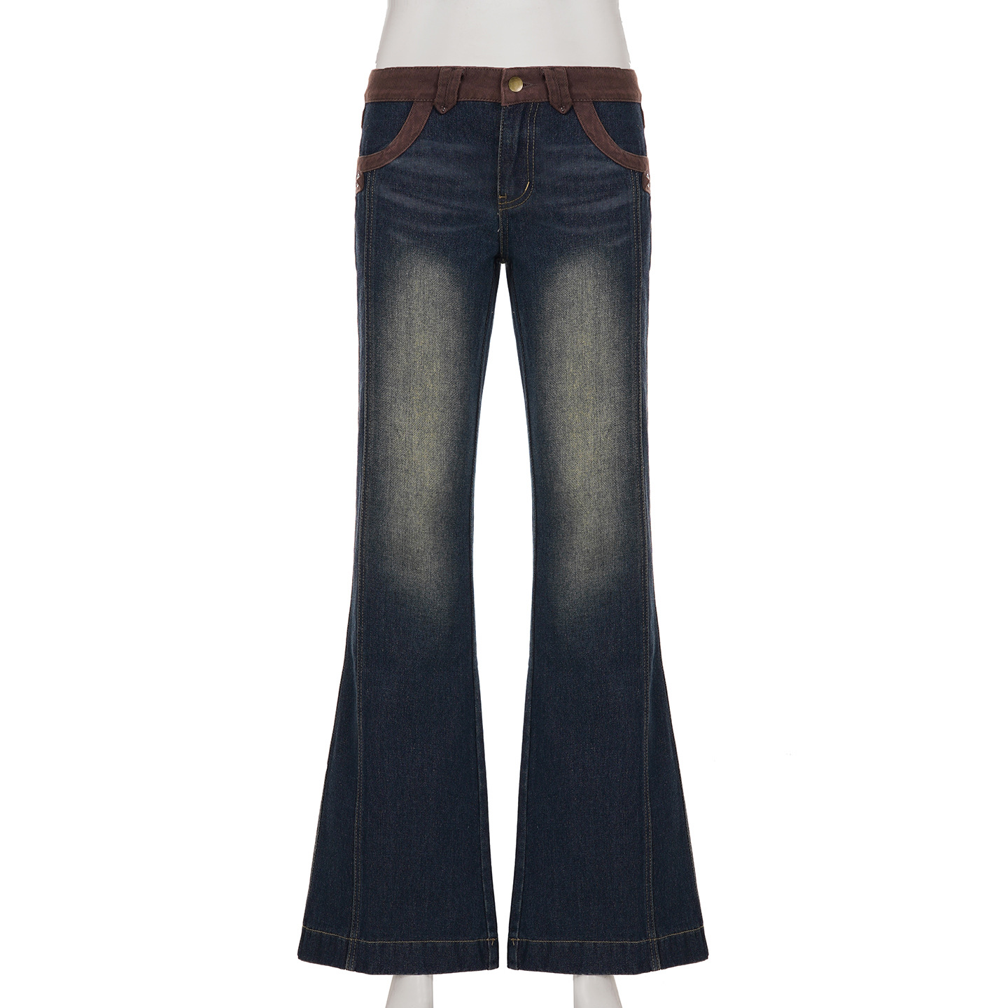 Street Motorcycle Retro Style Patchwork Color Block Flare Denim Pants Slim Fit Casual Long Trousers