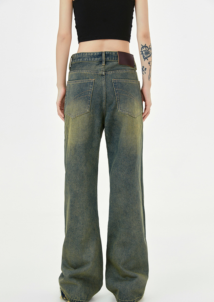 Washed Distressed Wide-Leg Long Jeans with Cuffed Hem