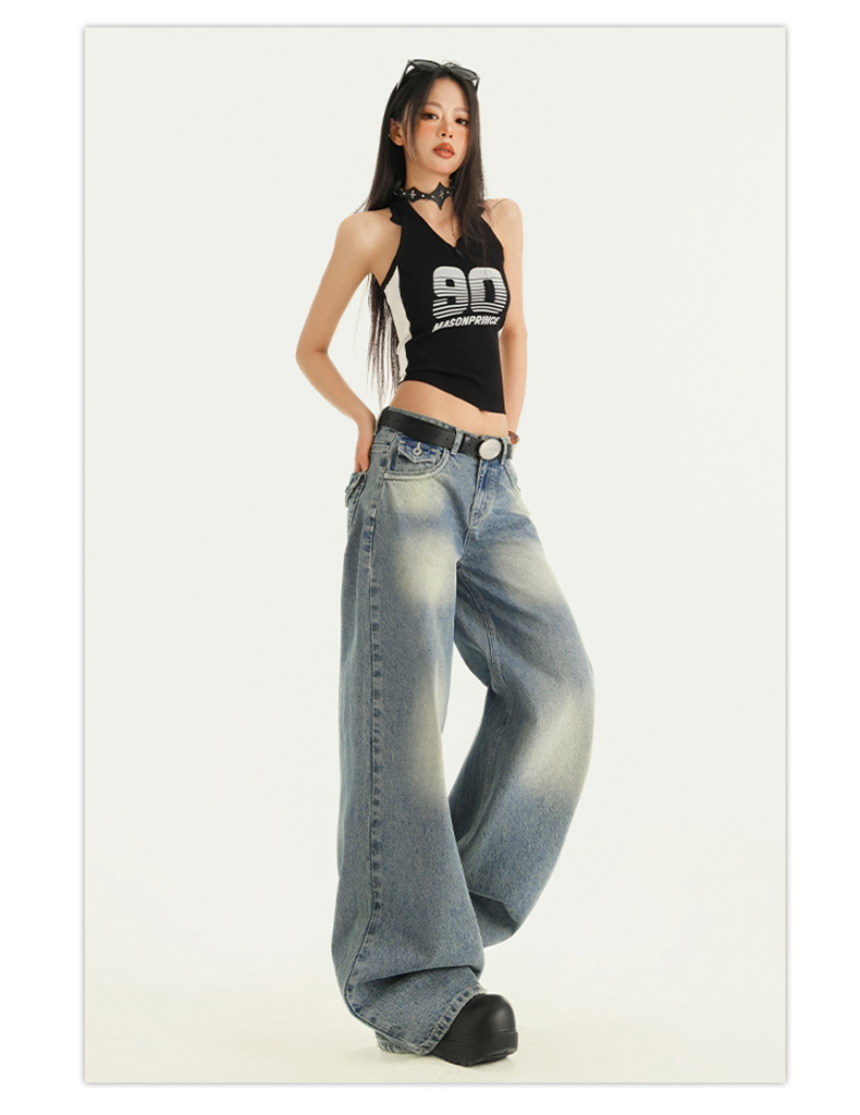 Gradient Washed Denim Pants for Women Vibe Retro Loose Straight Leg Wide Leg Pants