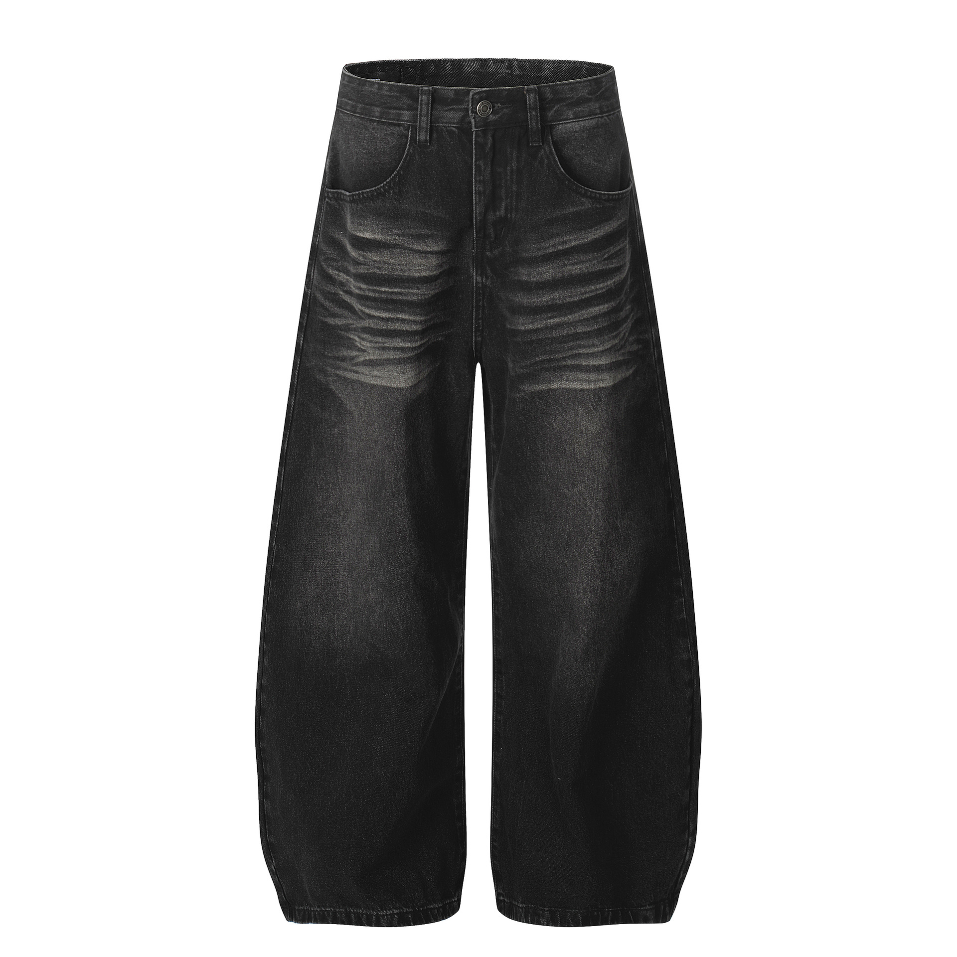 Style Washed Black Vintage Cat-Whisker Pattern Design Men's Loose Knife Cut Jeans