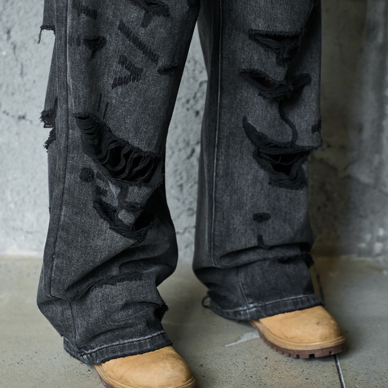 Denim Pants Loose Wide Leg Men High Street Post-Apocalyptic Style Ripped Design Plus Size Trendy Brand Original Dark Hip Hop Straight Leg Pants