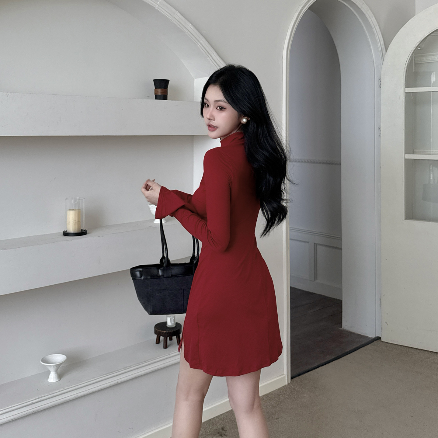 Mock Collar Solid Split Hem Bodycon Dress