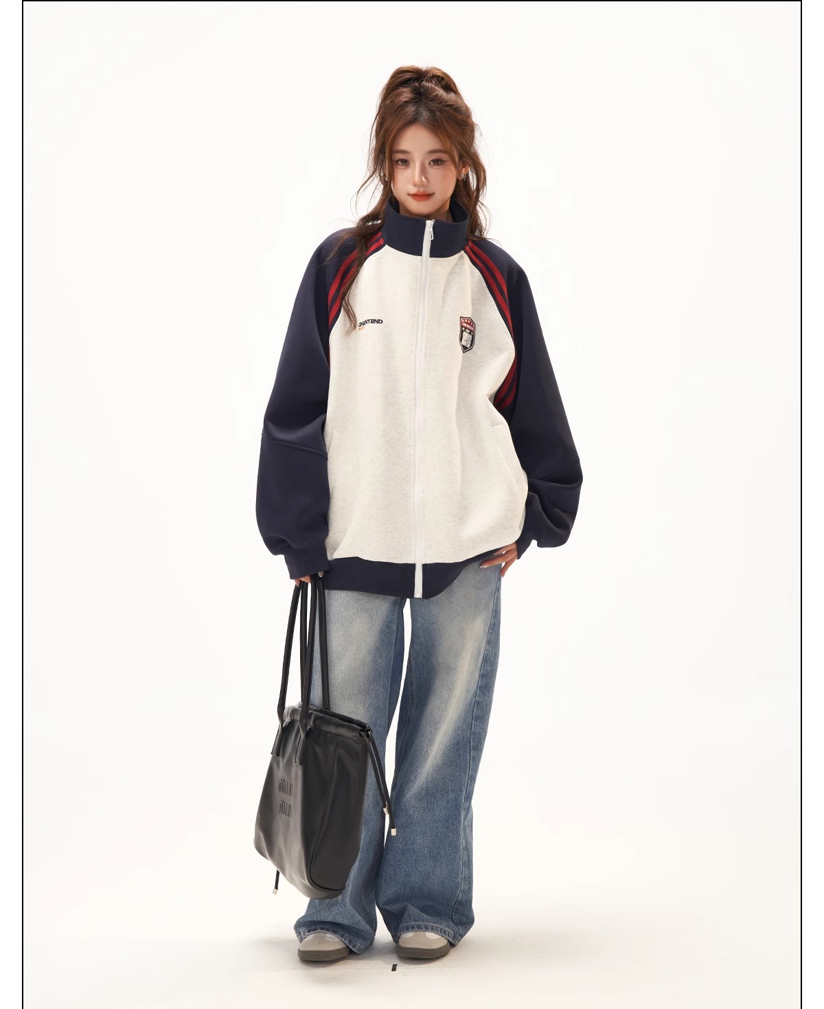 Retro Jacket for Women, High-End Patchwork Raglan Sleeve Hoodie Cardigan, Versatile Stand-Up Collar Top