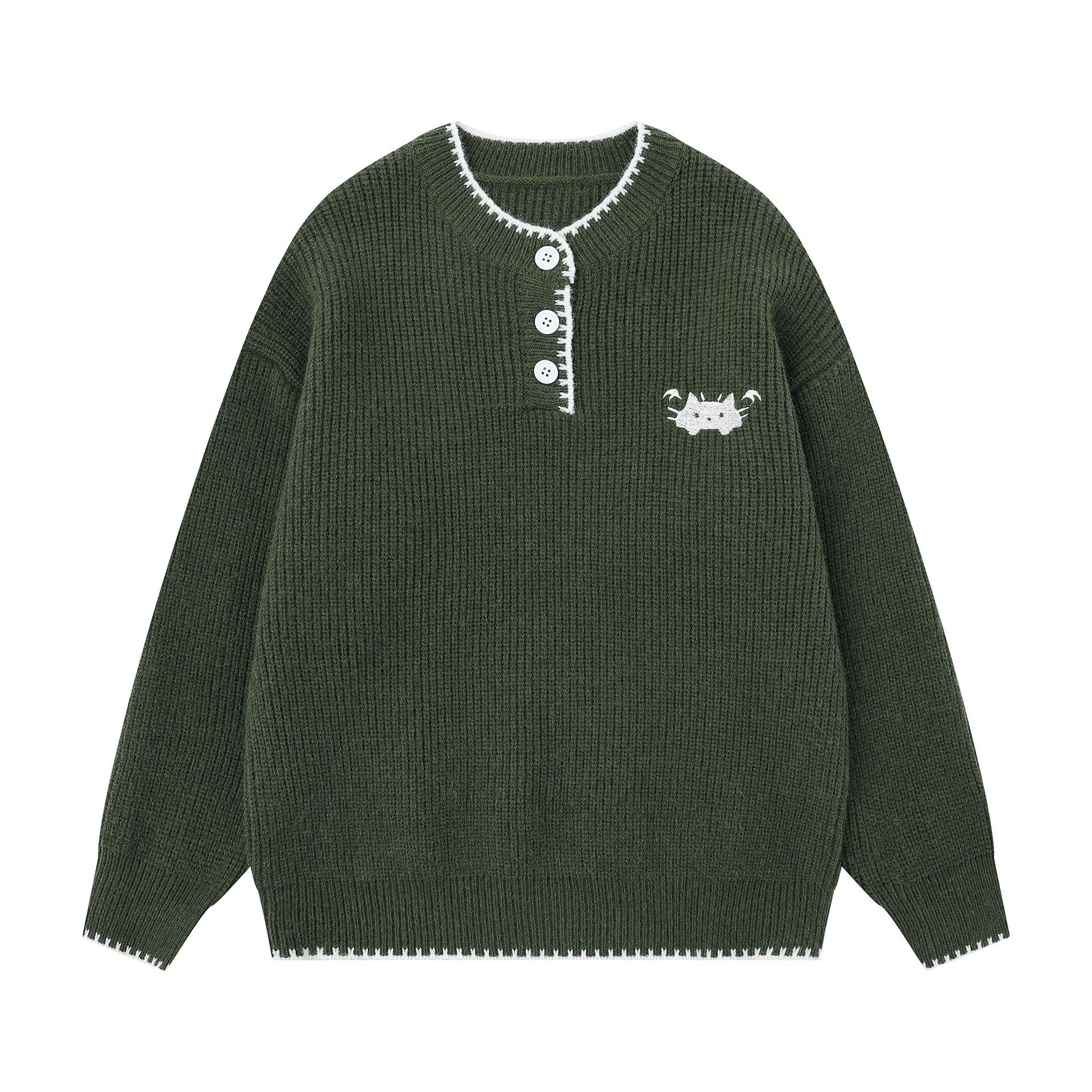Henley Neck Sweater Unisex Autumn Vintage Chic Loose Versatile Couple Knitwear
