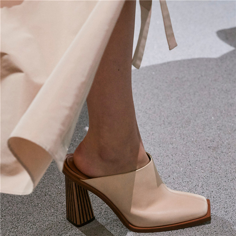 Summer Europe and The United States Catwalk High-Heeled Square Toe Toe Slippers Shaped Heel Sandals Large Size Ladies High Heels