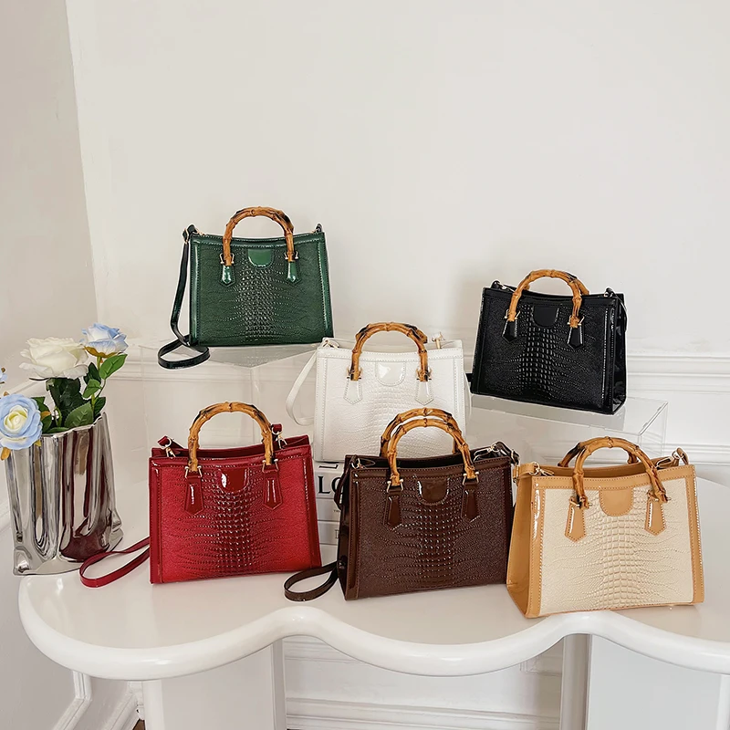 High Quality Leather Shoulder Bag For Women Luxury Alligator Handbag Designer Women Bag Retro Bamboo Handle Tote Bag Female