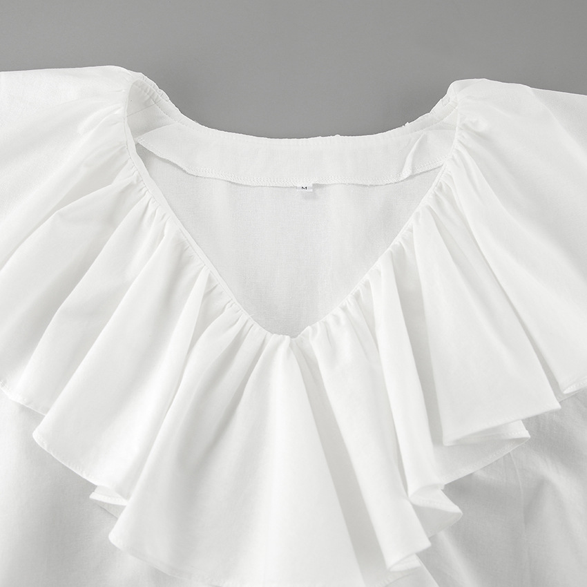 Slim Fit Cotton V-Neck Long Sleeve Frilled Blouse