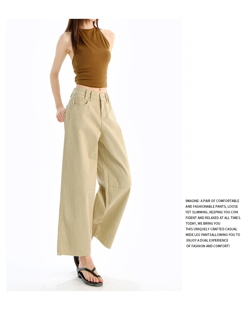 Vintage Washed Calf-Length Denim Pants for Women with Pleated Design, High-Waisted Straight-Leg Wide-Leg Trousers