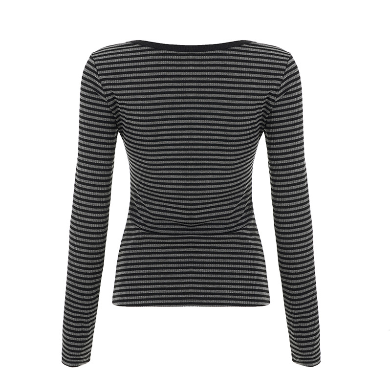 Simple Fashion Striped Color Block Round Neck Basic Long Sleeve Slim Fit Versatile Slimming Casual Short Top
