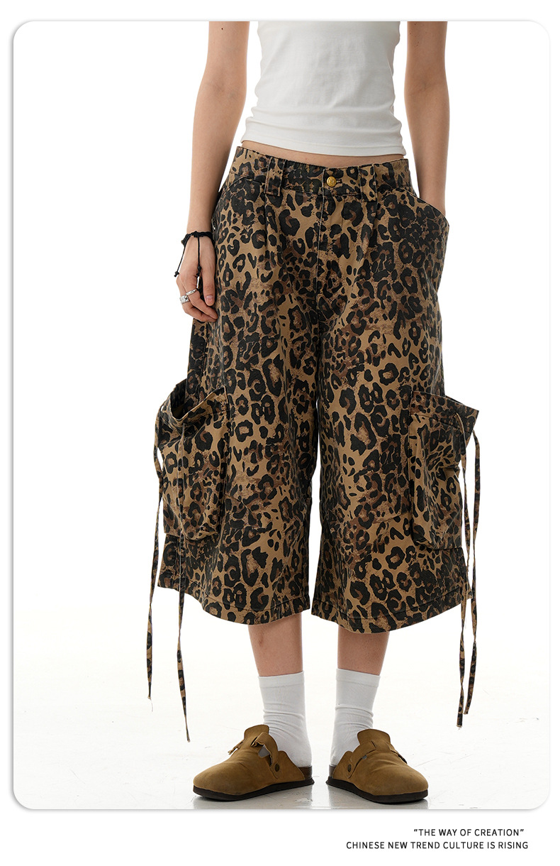 Leopard Print Loose Straight Calf-Length Pants for Men and Women Cleanfit Striped Sport Shorts