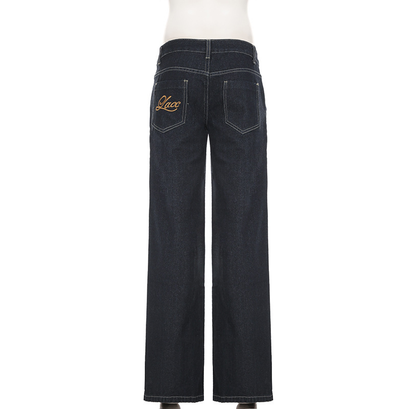 Vintage letter embroidery low waist slimming flared jeans