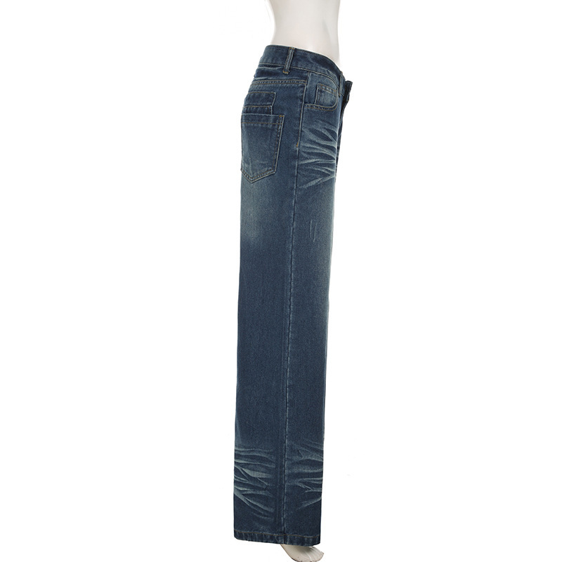 Vintage pleated washed denim jeans with loose fit and low waisted design for the street