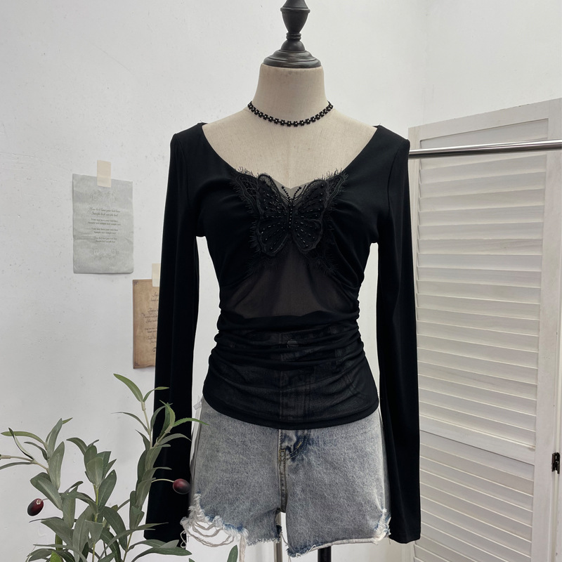 Full Sleeve V-Neck Openwork Slim Fit Tee