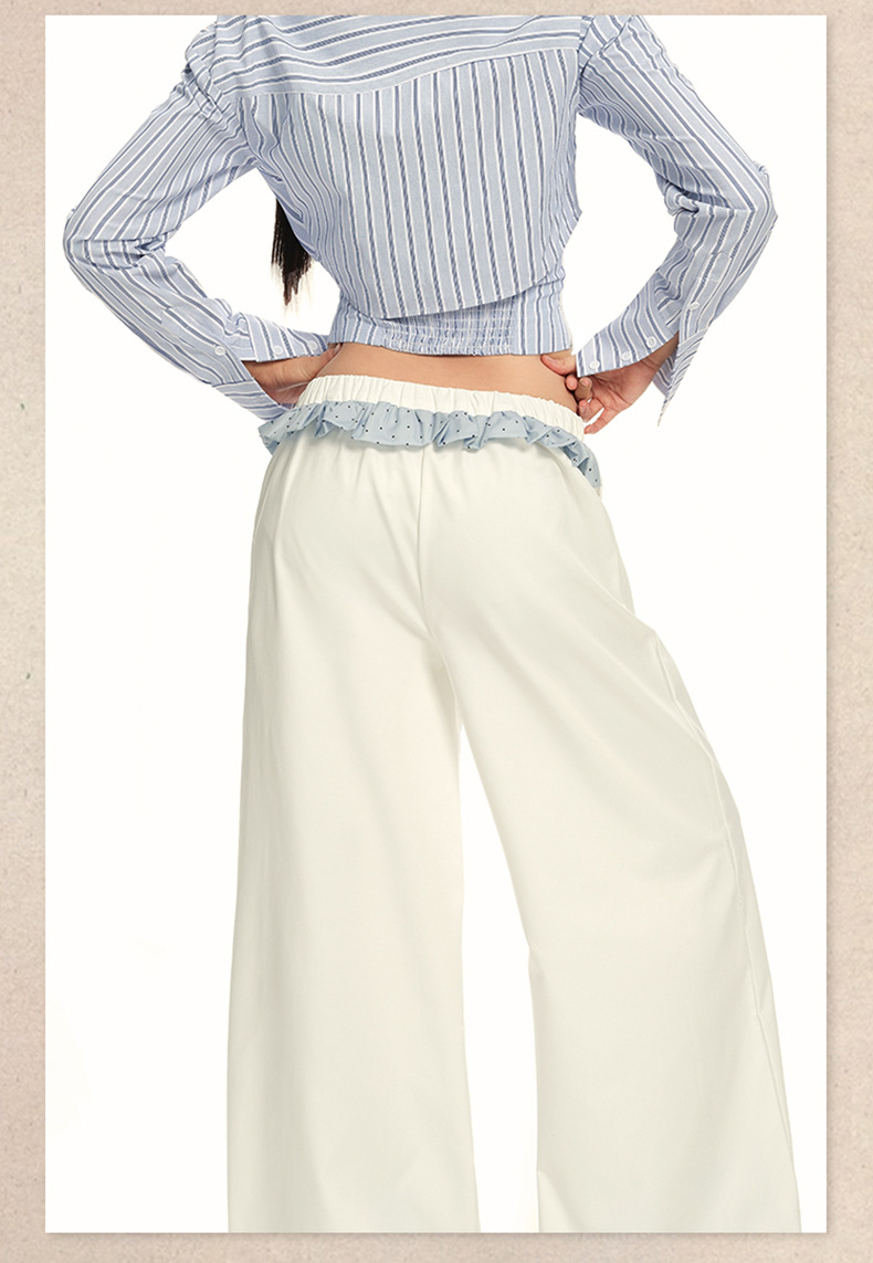 Women's Wide-Leg Casual Pants with White Lace Splicing