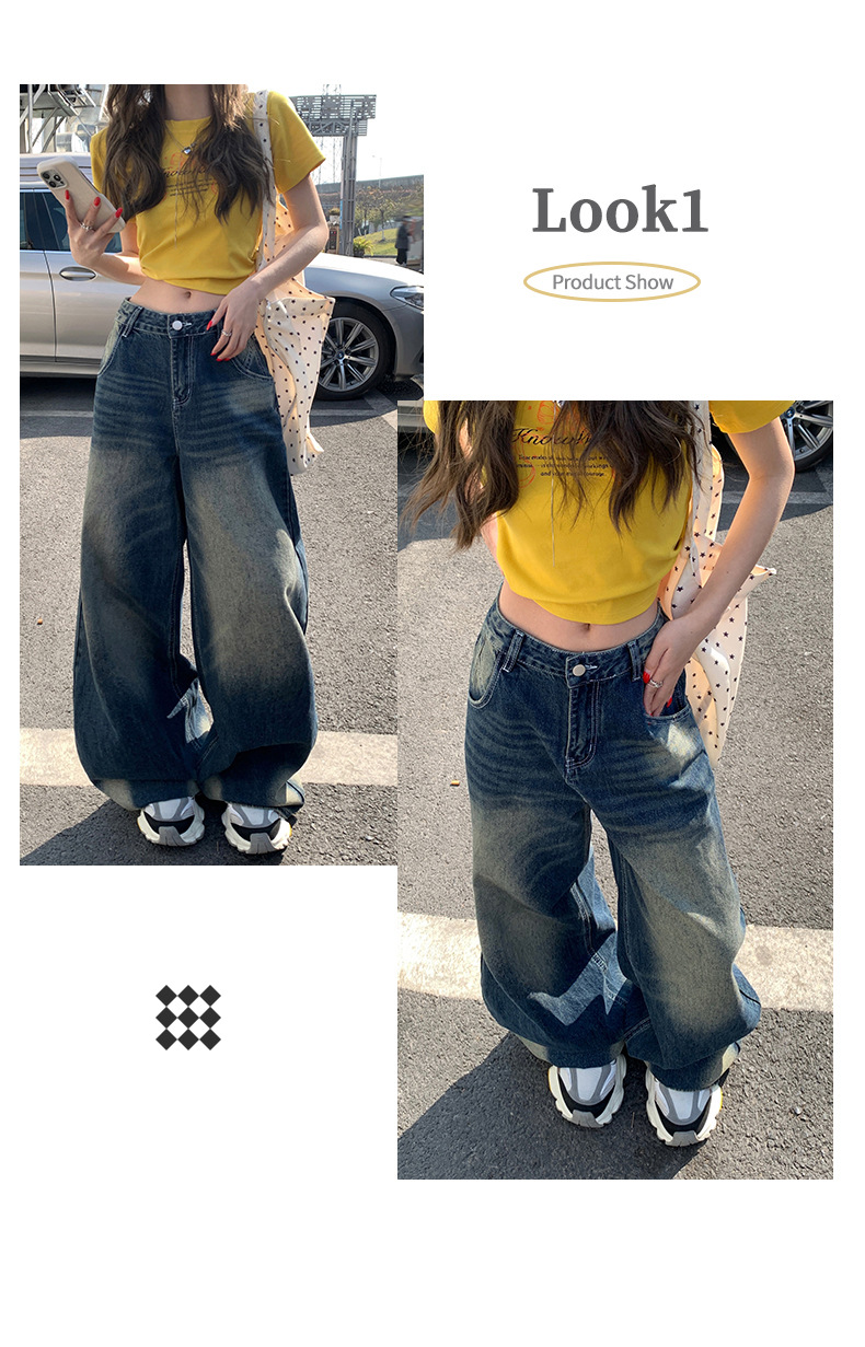 Women's Wide-Leg Jeans Low-Waist Loose Washed Straight Pants