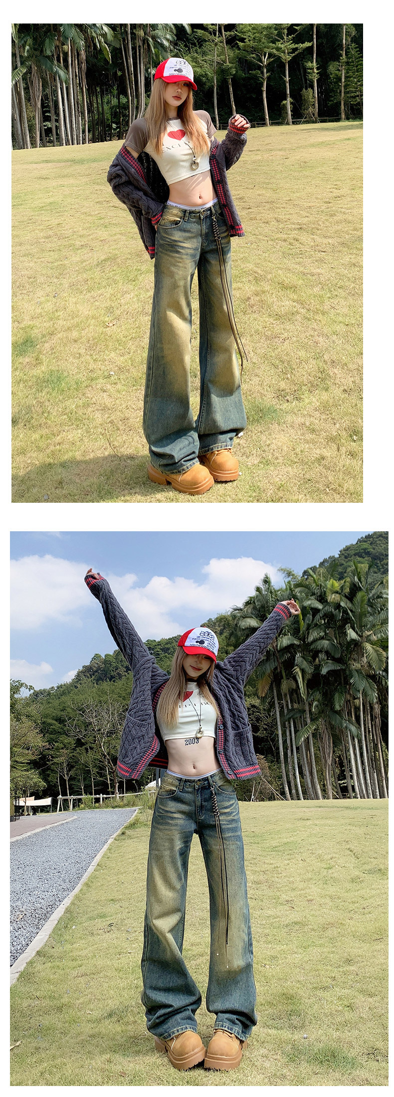Women's Low-Waist Flared Denim Pants Loose Wide-Leg Straight Trousers