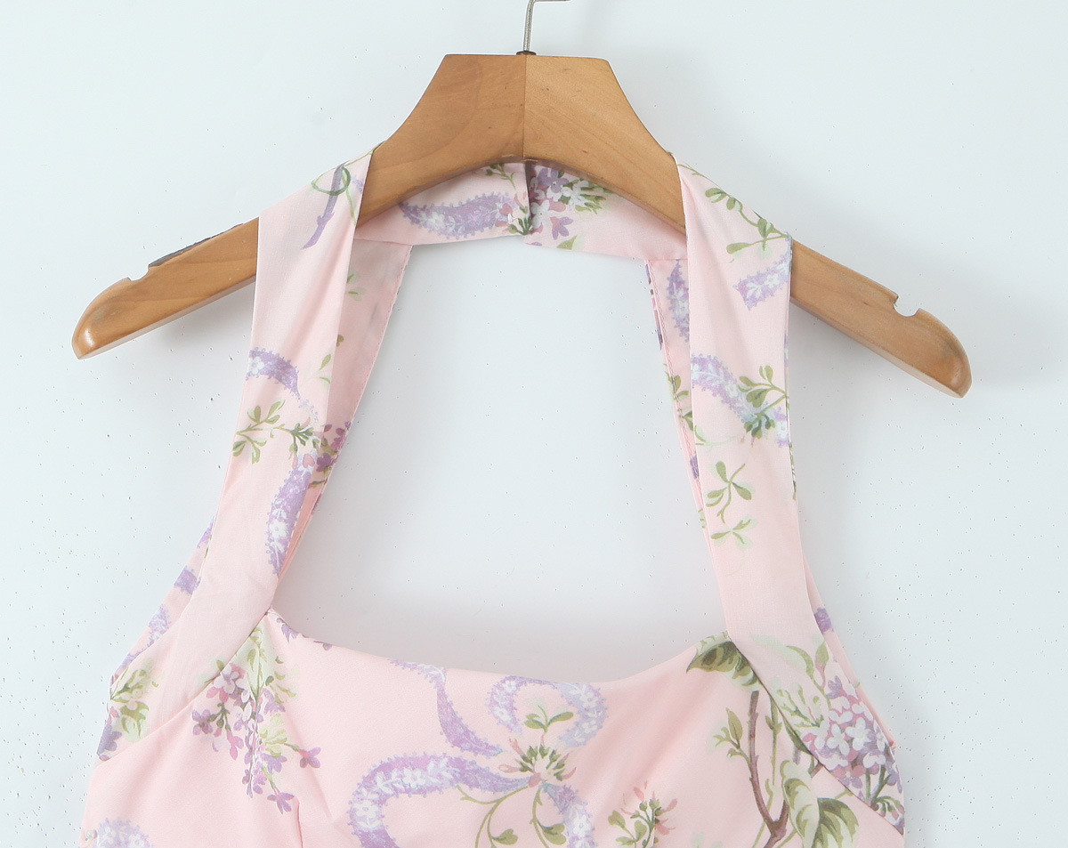 Sleeveless Botanical Print Halter Backless Side Slit Dress