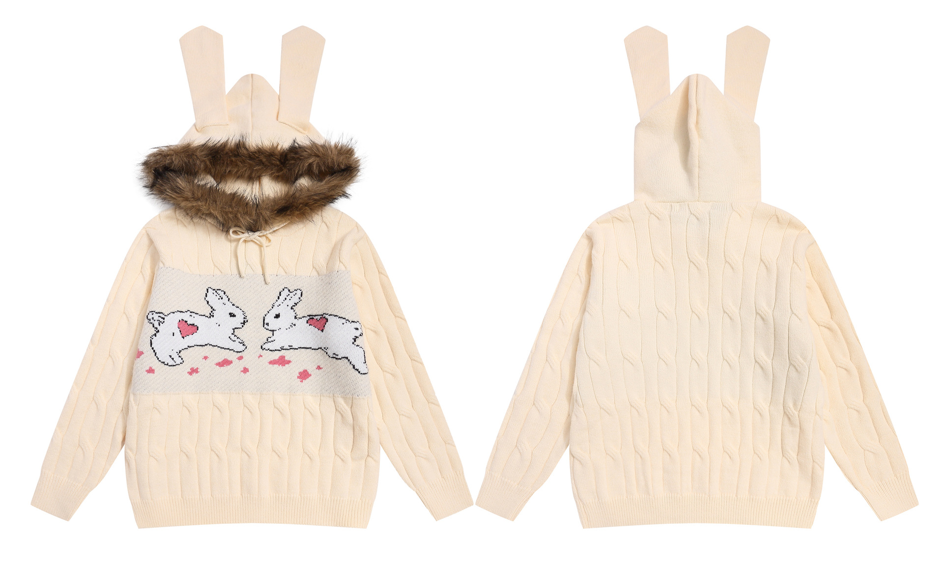 Oversized Bunny Print Hood Sweater Fluffy Ribbon Detail