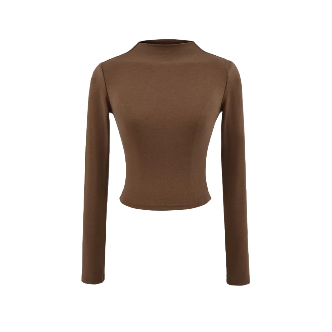 Slim Plain Mock Turtleneck Long Sleeve Belly Tee