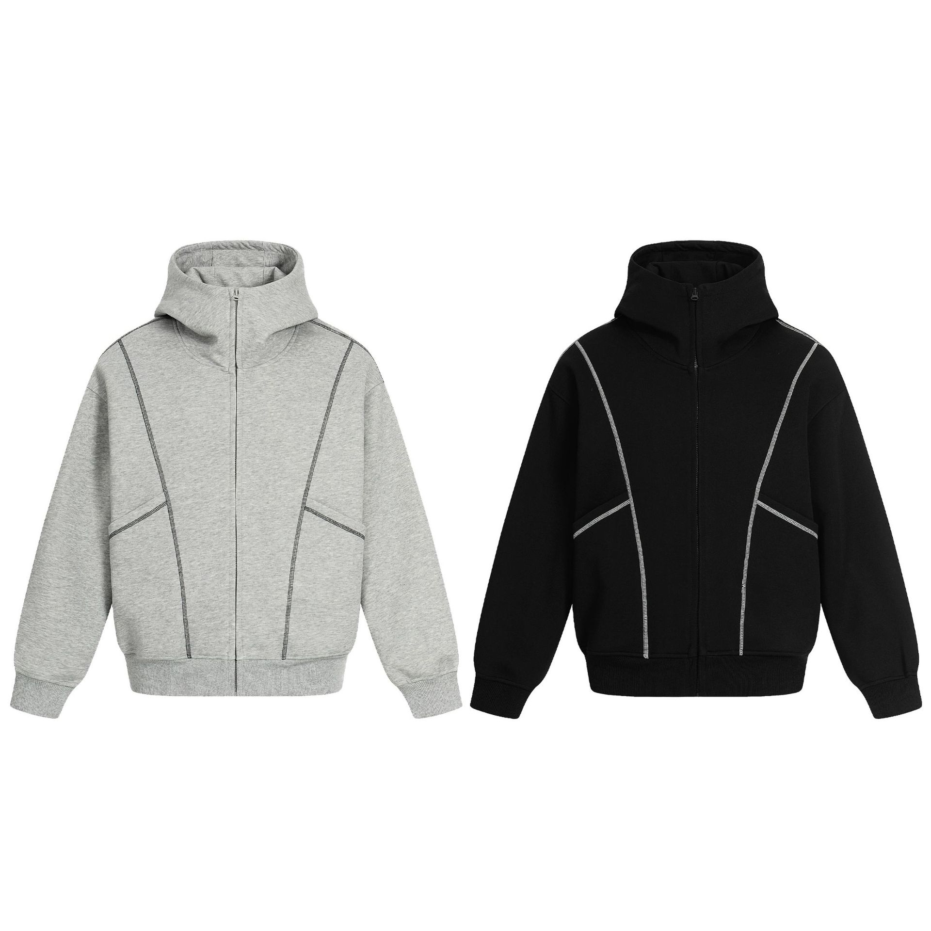 Oversized Streetwear Solid Cotton Zippered Raw Edge Hoodie