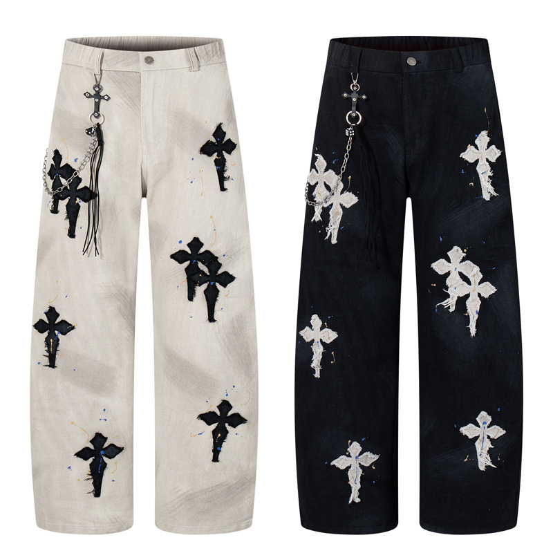 Street Style Luxury Cross Patch Embroidery Color Splatter Hand-painted Straight Leg Hip-hop Loose Jeans