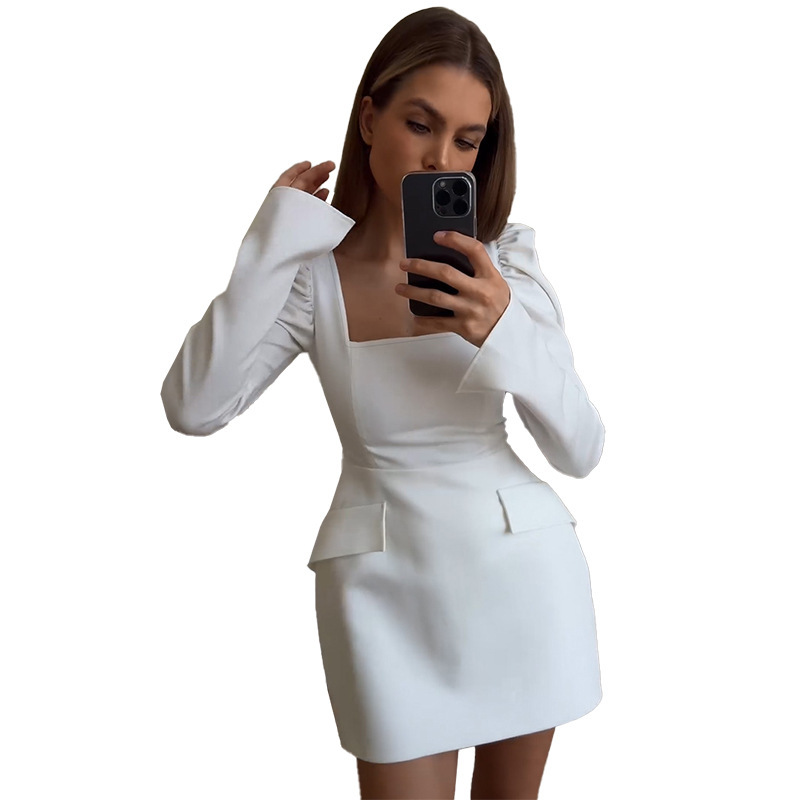 Bateau Neckline A-Line Long Sleeved Mini Dress