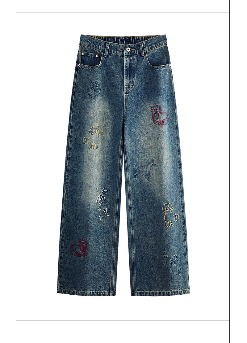 Dog Embroidered Wide Leg Jeans