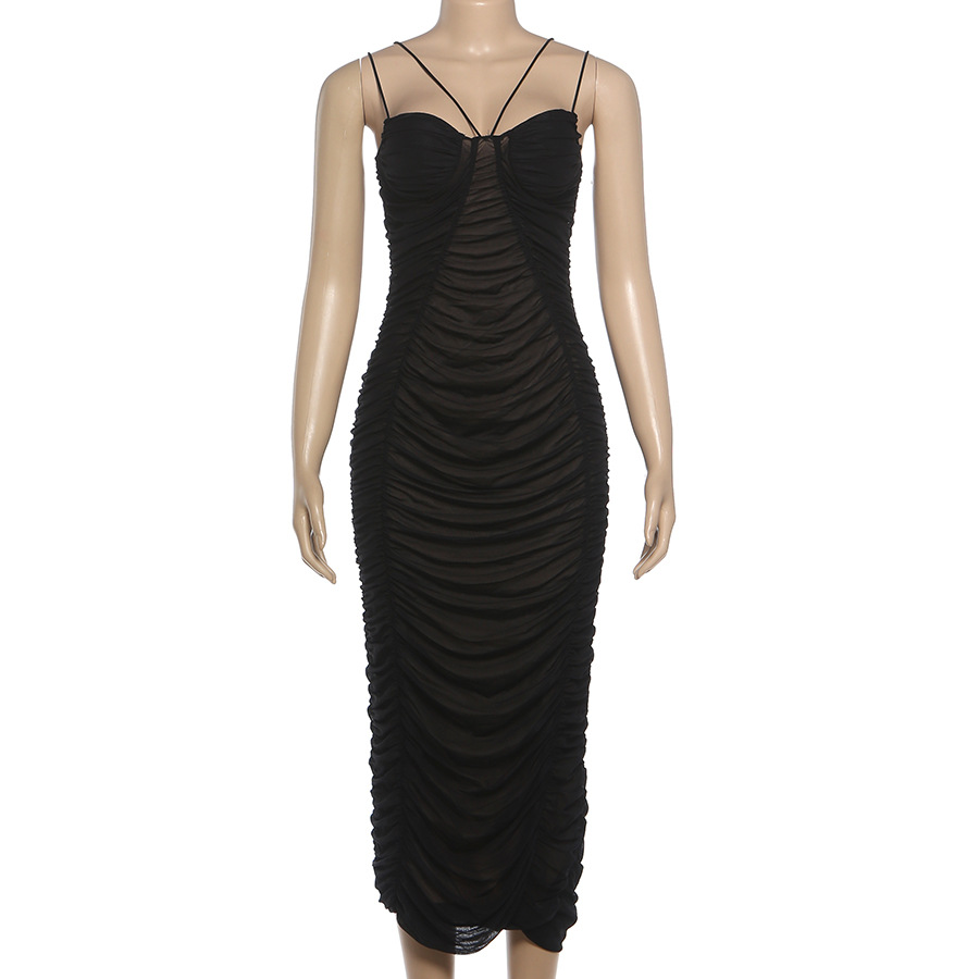 Plunging Sleeveless Spaghetti Strap Fluted Open Back Dress