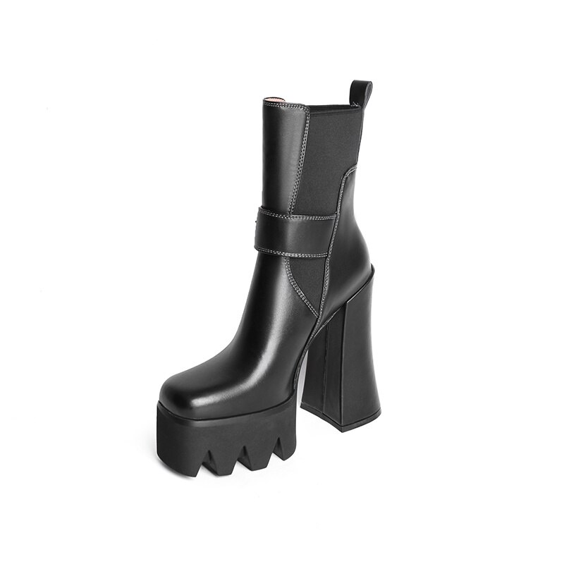 Women's Autumn Short Boots Brand New Square Toe Super High Heel Thick Sole Metal Sexy Stretch Bare Boots 42 Sizes