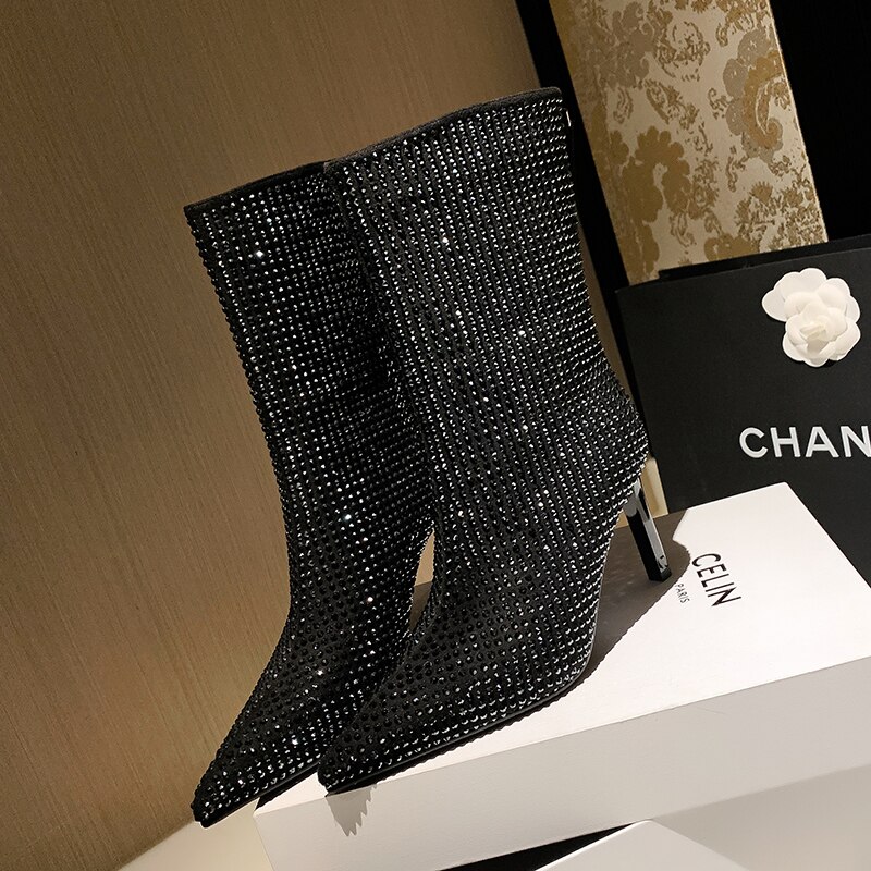 Women's Rhinestone High Heel Booties Fall New Pointed Toe Mid Boots 8.5cm High Heel Black Rhinestone Side Zipper Boots Size 39
