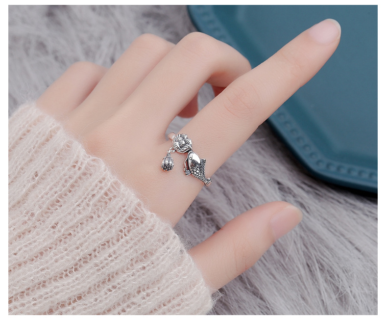 S925 Silver Ring Girl Retro Ethnic Carp Lotus Tassel Food Ring Couple Adjustable Ring For Girl