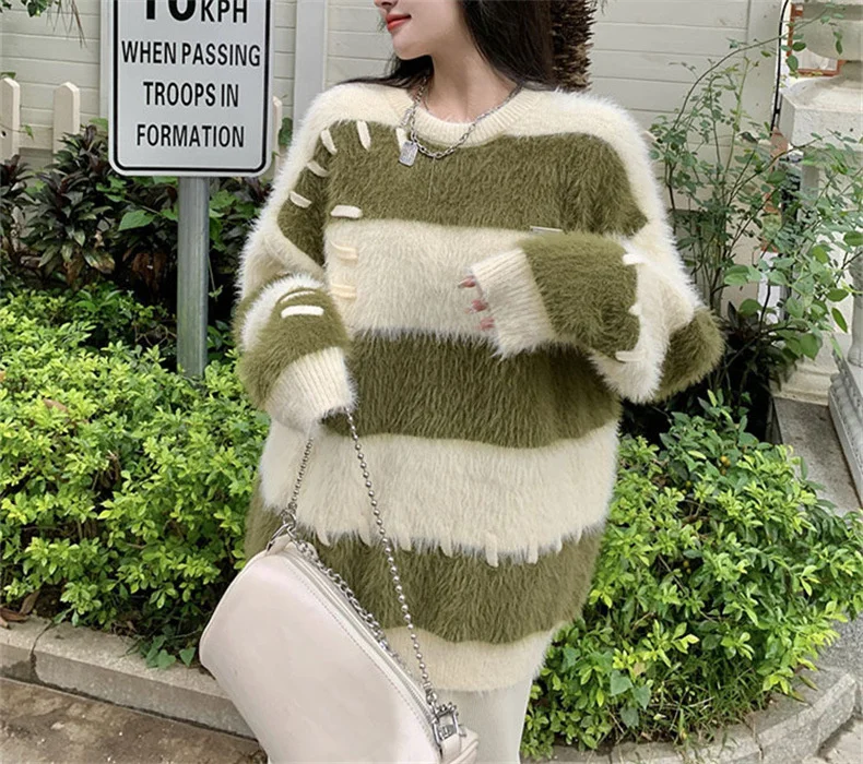Ladies Fall Two-Tone Oversized Stretch Acrylic Sweater