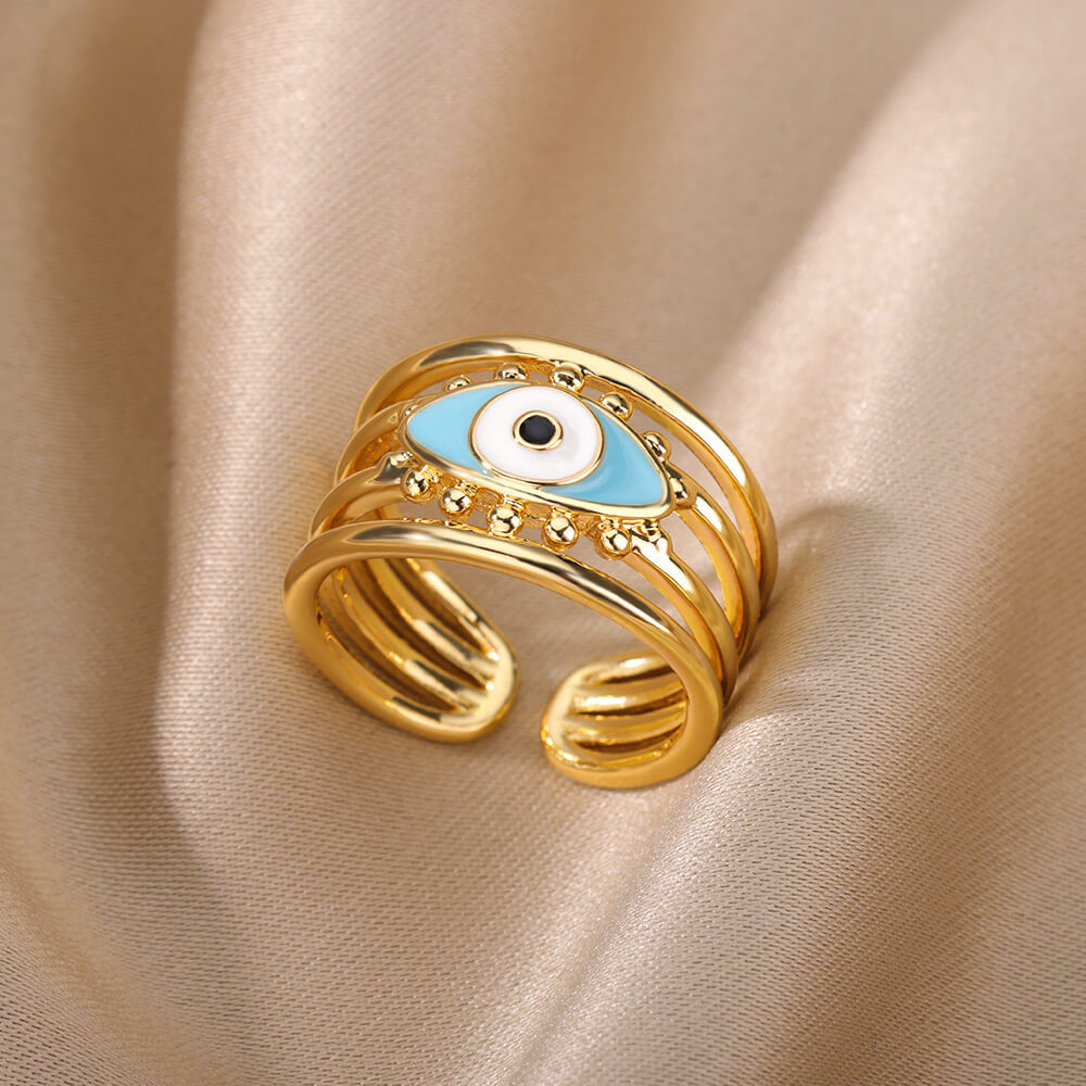 Turkish Zircon Evil Eye Rings For Women Open Adjustbale Gold Plated Stainless Steel Ring Couple Rings Wedding Jewelry Bague