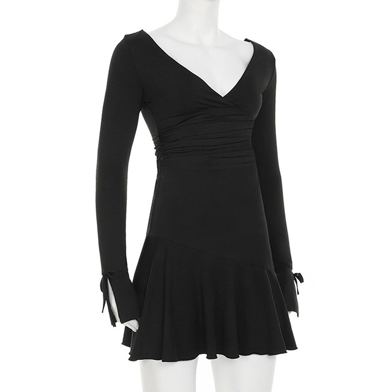 Deep Plunge Frill Full Arm Fitted Ladies Dress