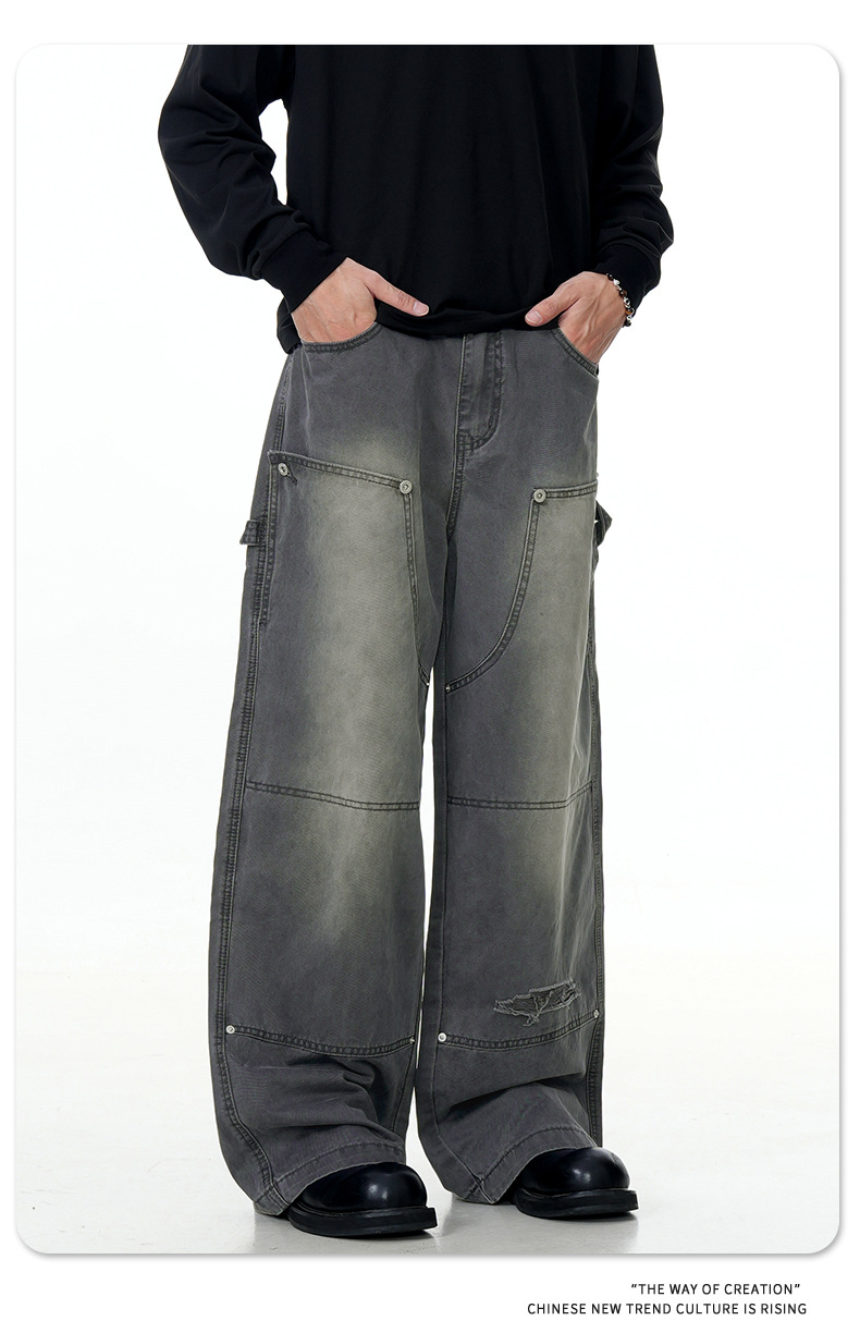 Carpenter Work Pants for Men and Women Vintage Washed Distressed Riveted Denim Loose Straight Leg Long Trousers