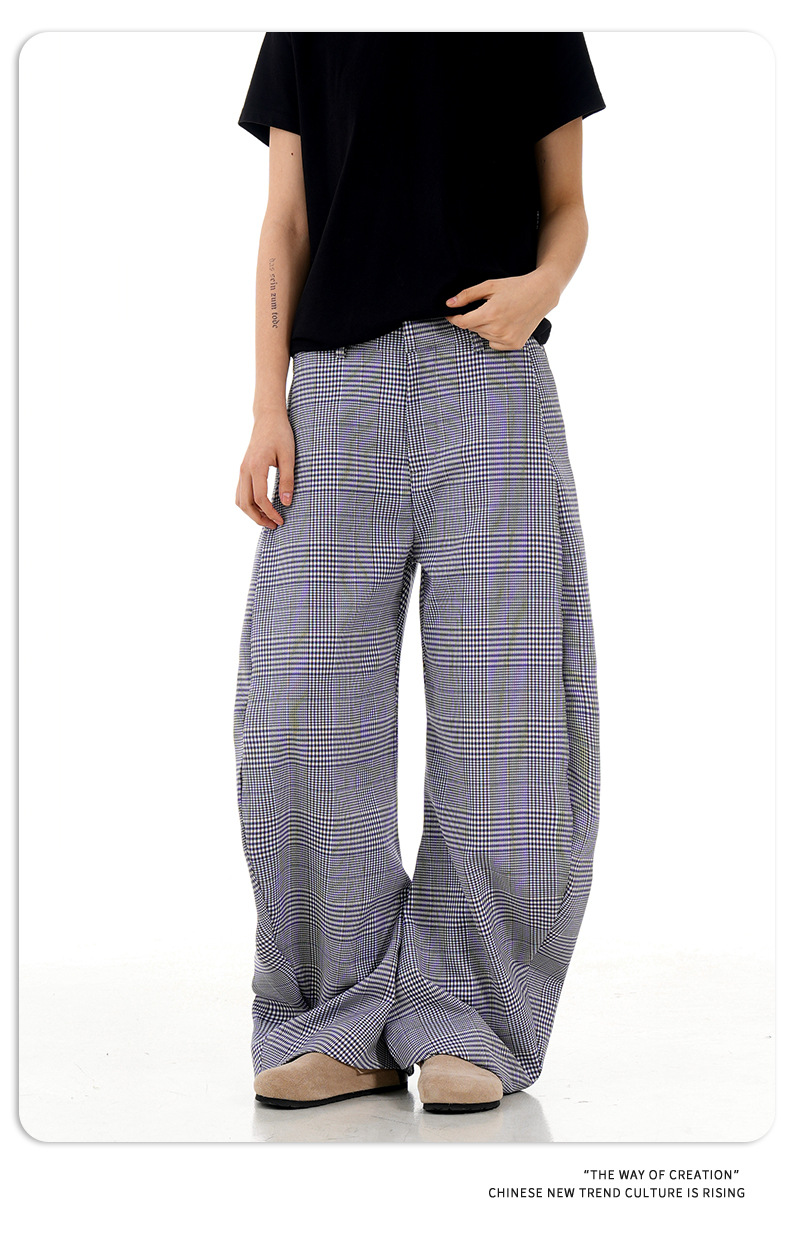 Blue Coffee Plaid Casual Pants Summer Loose Wide Leg Trousers