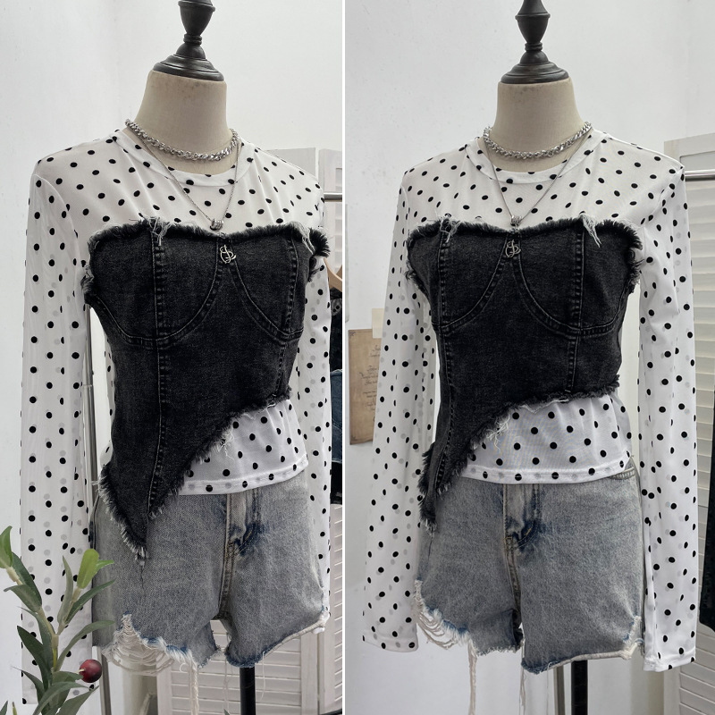 Asymmetric Distressed Jean Tailored Cropped Wrist-Length Tee
