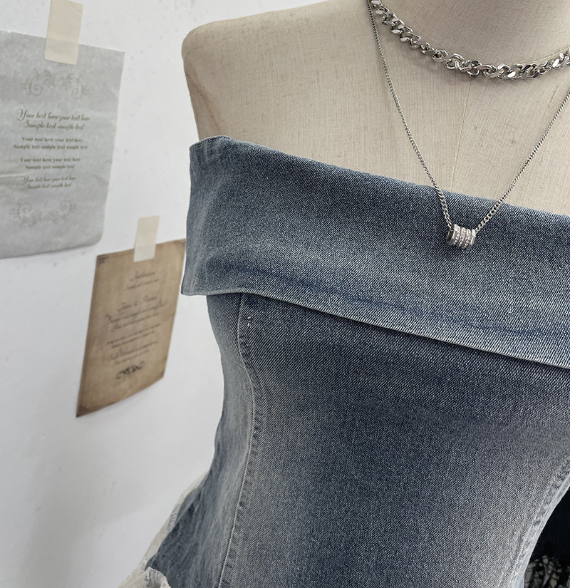 Sexy Asymmetric Denim Crewneck Top