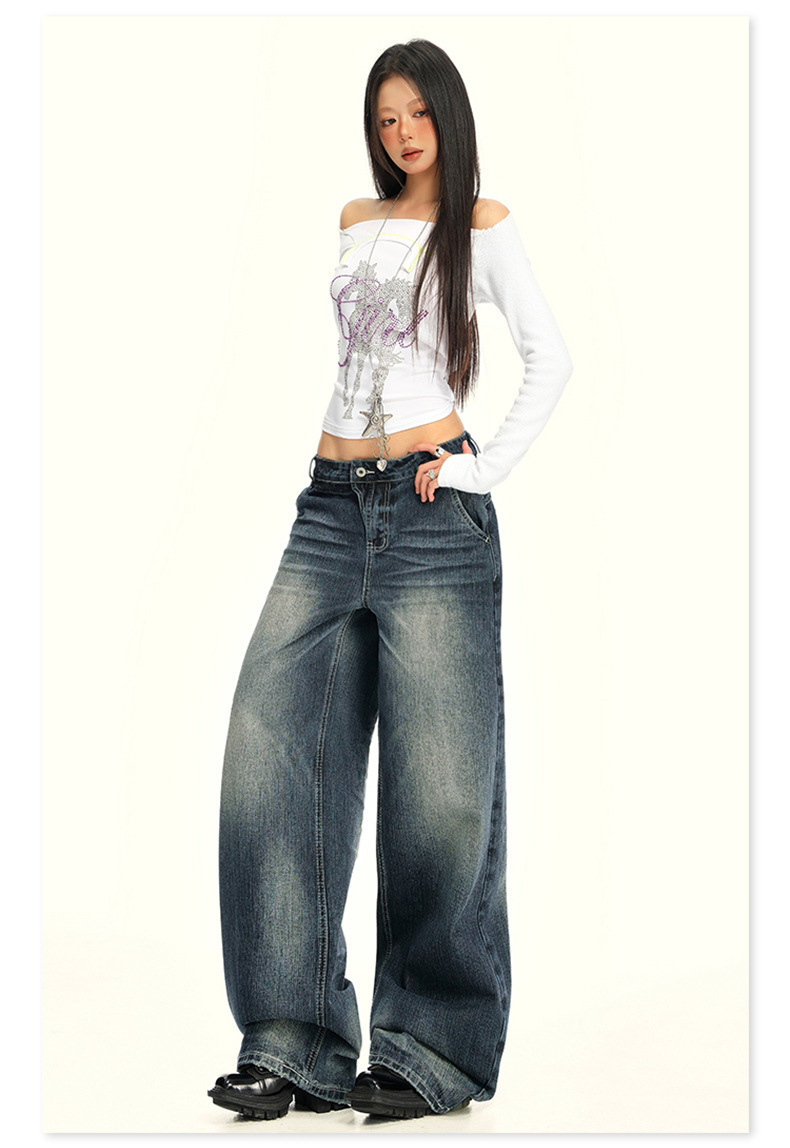 Women's Washed Straight Jeans Loose Floor-Length Wide-Leg Pants